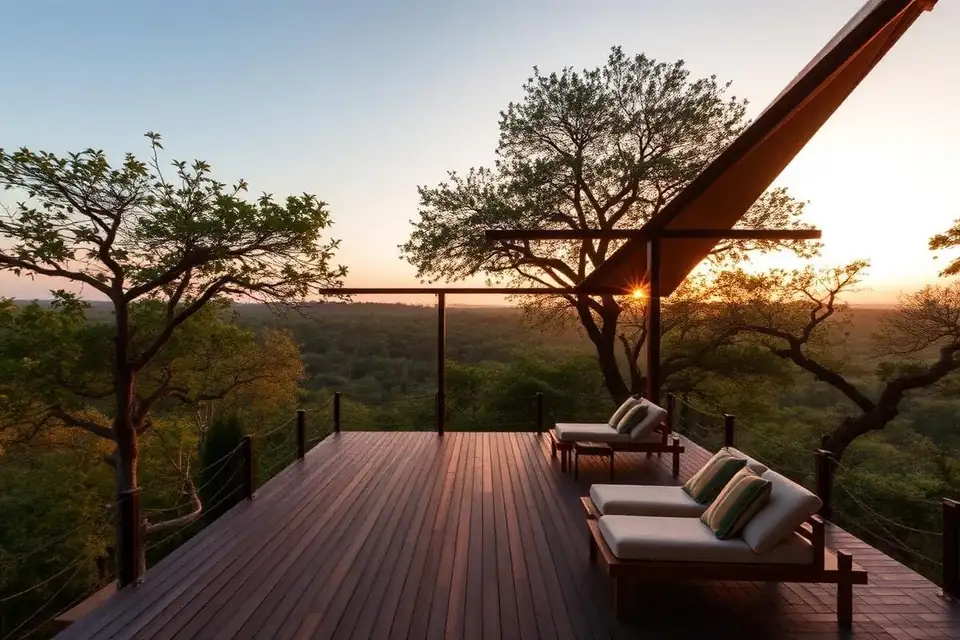 MP Tourism style jungle lodge deck overlooking forest at golden hour