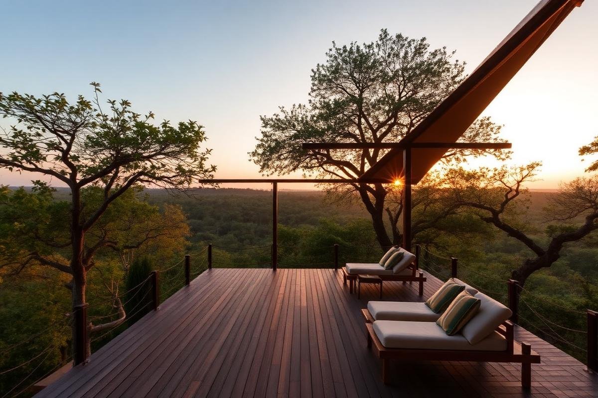 Forest-facing resort deck with cane chairs at golden hour